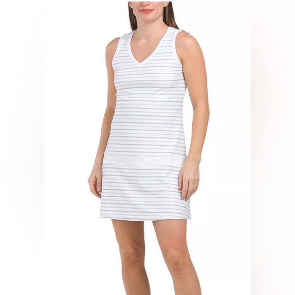 Striped Sleeveless Dress in White and Green - Picture 1 of 7